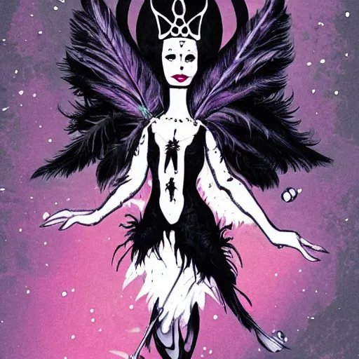 Image similar to Anna Pavlova as dark fae gothic atompunk evil Disney villain queen with black feather hair, feathers growing out of skin, in front of space station window, Mike mignola, trending on artstation, comic book cover, illustration