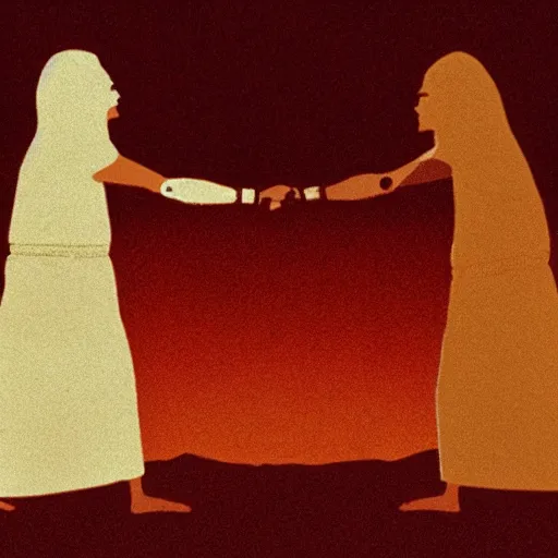 Prompt: cinematic still of silhouettes of two Mediterranean skinned men fighting in ancient Canaanite clothing, wrestling, knife, middle eastern field background, red hues, directed by Russell Mulcahy