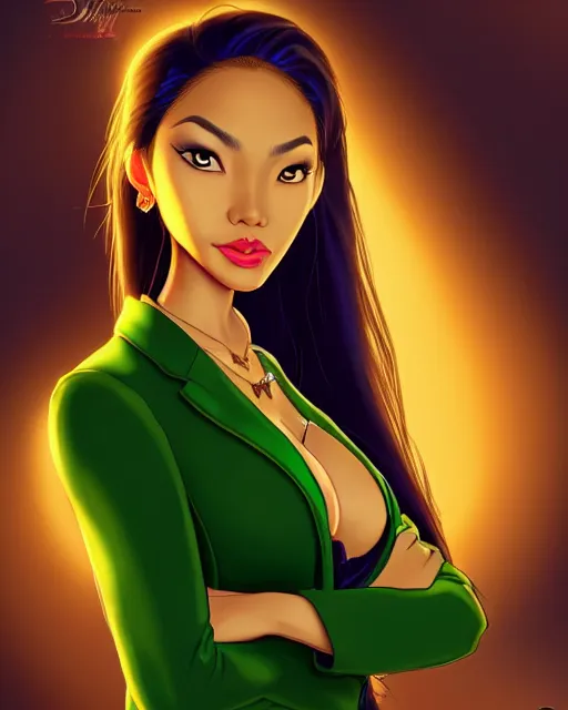 Image similar to alluring heavy filipina woman character portrait, by don bluth, fully - clothed, wearing dark - green blazer, sci - fi environment, highly detailed, dynamic shadows, 4 k, wallpaper - 1 0 2 4