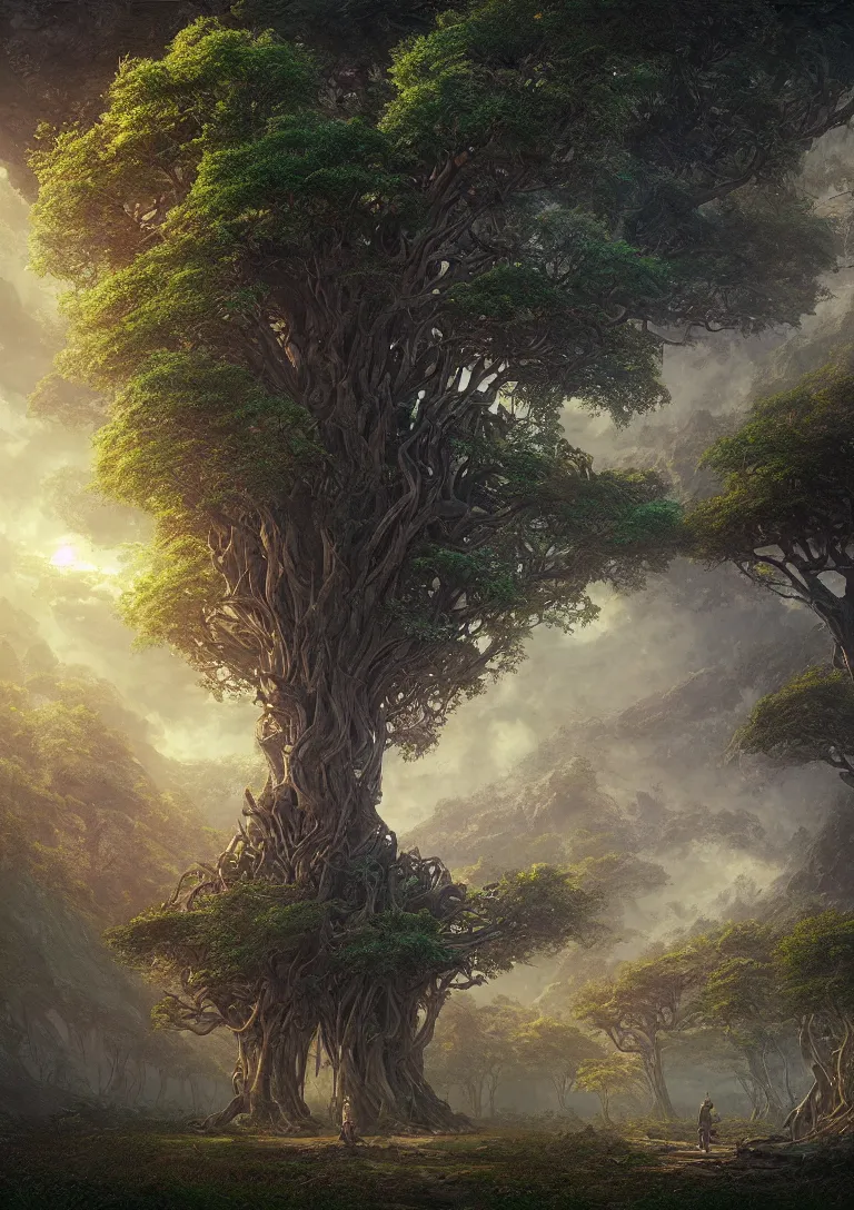 Prompt: beautiful hyper realistic detailed matte painting of fantasy tree of life, hd, hdr, by Moebius and John Howe and Albert Bierstadt and Alena Aenami, ultra detailed, high resolution