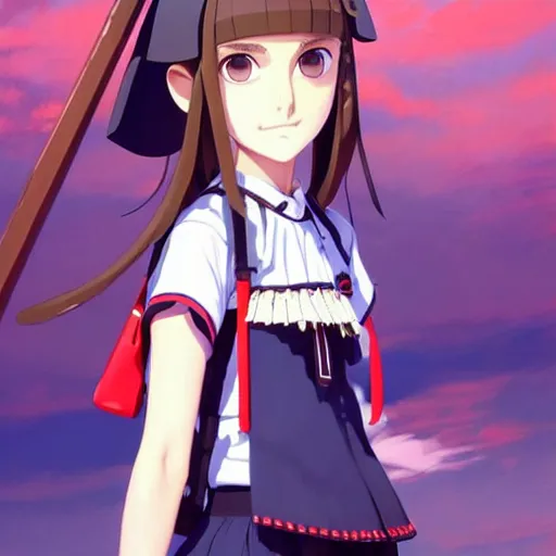 Image similar to a beautiful! boyish! natalie portman model, wearing catholic school girl outfit with mayan pattern and native style, aztec street fashion, guilty gear art direction, gapmoe yandere grimdark, trending on pixiv fanbox, painted by greg rutkowski makoto shinkai takashi takeuchi studio ghibli, akihiko yoshida