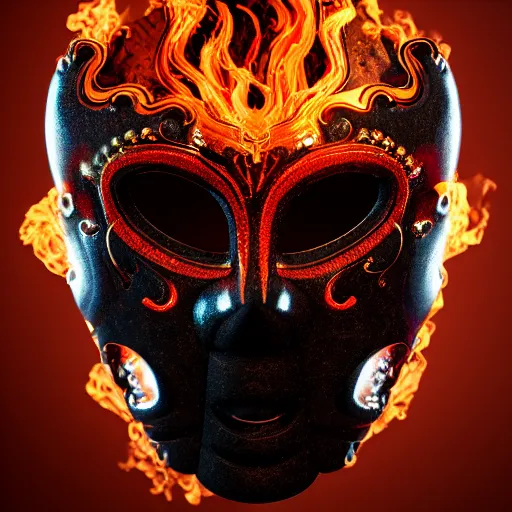 Prompt: an elaborate intricate mask made of flames on an obsidian slab, rendered in octane, behance hd, bokeh obsidian backdrop