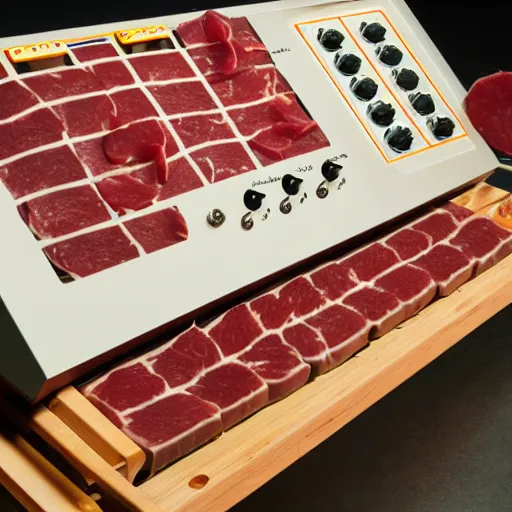 Prompt: a modular synthesizer made from raw meat