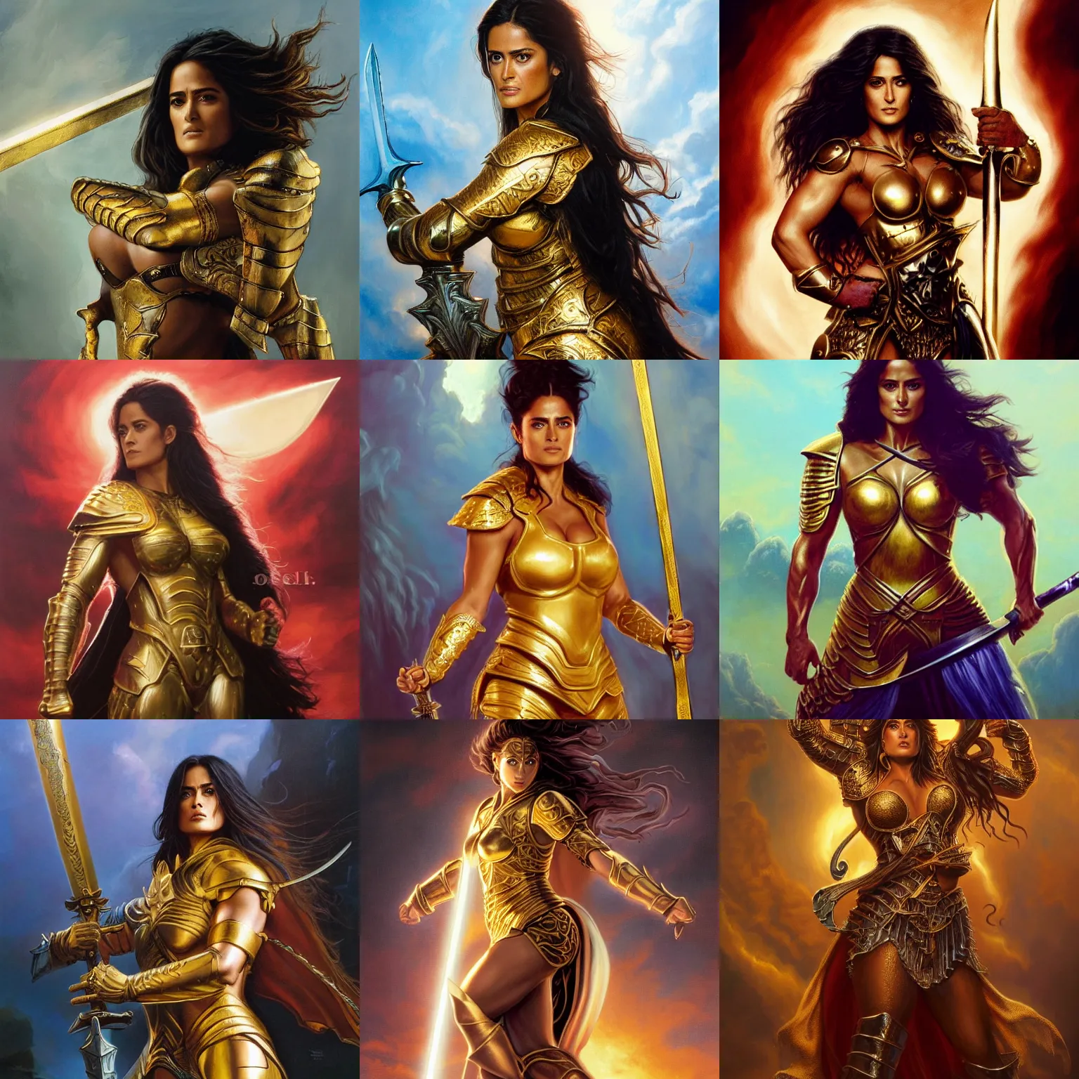 Prompt: A Ross Tran and Michael Whelan oil painting of a beautiful muscular Salma Hayek wearing gold armor holding a large steel sword , dynamic shot , HD 4k , intricate , highly detailed , atmospheric , sharp, uncropped