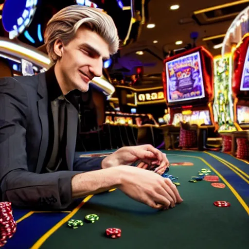 Prompt: closeup of handsome gigachad XQC gambling