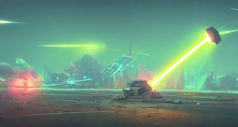 Image similar to Low orbital laser cannon shooting a neon beam down on the landscape, neon laser cannon, cinematic, rendered by simon stålenhag, rendered by Beeple, Makoto Shinkai, syd meade, star wars, inspired by Gundam, environment concept, digital art, unreal engine, 3 point perspective, WLOP, trending on artstation, low level, 4K UHD image, octane render,