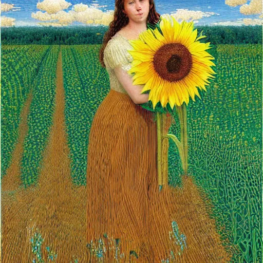 Image similar to a girl in amazing tall sunflower field, her hair flowing down, subtle, intricate details, real masterpiece, oil on canvas, by johfra bosschart, felice casorati
