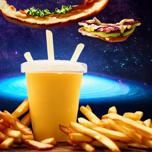 Prompt: a burger and fries and shake floating through space, realism, 4 k, galaxy, milky way, high detail