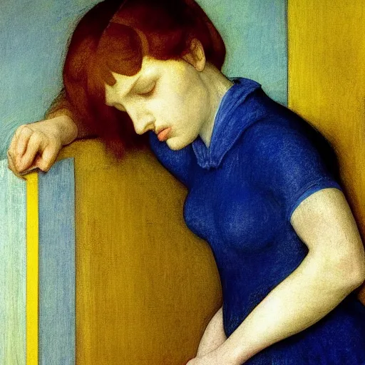 Image similar to close up of a girl in a blue and gold haunted liminal abandoned room, film still by edward hopper, by Pontormo, by klimt, by dante gabriel rossetti, pre-raphaelite. art noveau, art noveau, highly detailed, strong lights, liminal, eerie, Bright pastel colors