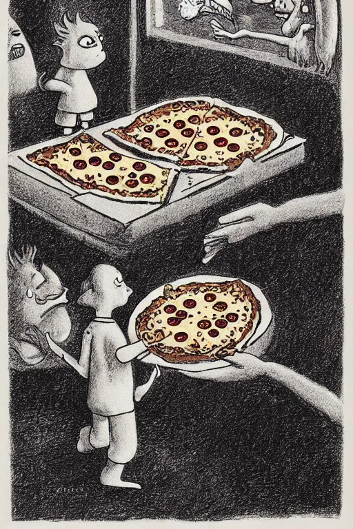 Prompt: a funeral for a pizza, by maurice sendak