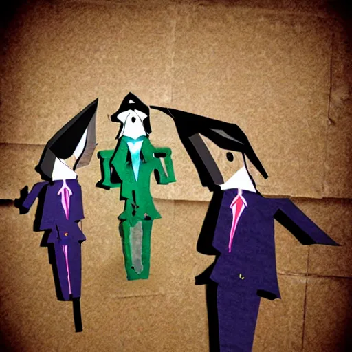 Image similar to eldritch lovecraftian secretary, eldritch being, they are made of cardboard, cardboard cutout, colorful, realistic photograph