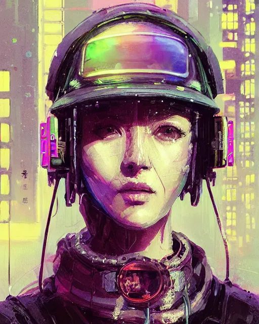 Prompt: detailed portrait of neon operator lady, short faded blonde hair, cyberpunk, visors, reflective puffy coat, decorated with traditional japanese by ismail inceoglu dragan bibin hans thoma greg rutkowski alexandros pyromallis nekro rene margitte, illustrated, perfect face, fine details, realistic shading, fine - face, beautiful face, sweaty,