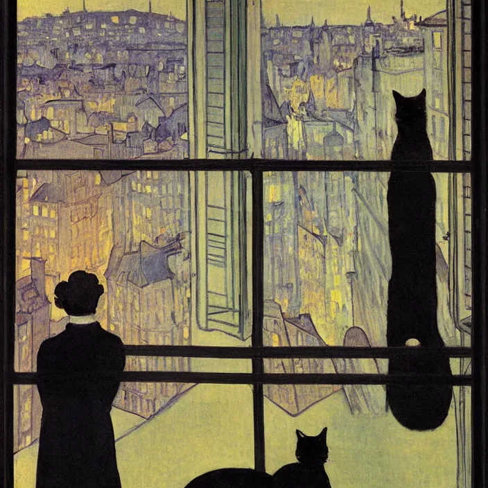 Prompt: couple under a baldachin with city seen from a window frame at night. fuzzy black cat. henri de toulouse - lautrec, utamaro, matisse, felix vallotton, monet