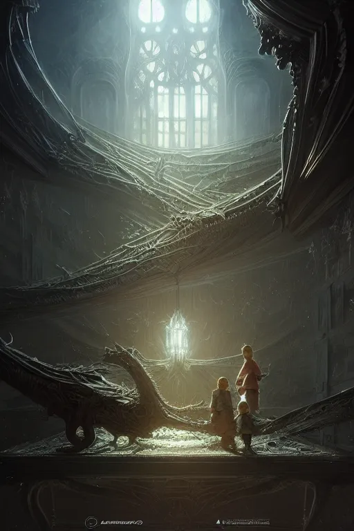 Image similar to professional concept art of a family horrendous mechanical predatory fractal! species in a dark room by artgerm and greg rutkowski. an intricate, elegant, highly detailed digital painting, concept art, smooth, sharp focus, illustration, in the style of cam sykes.