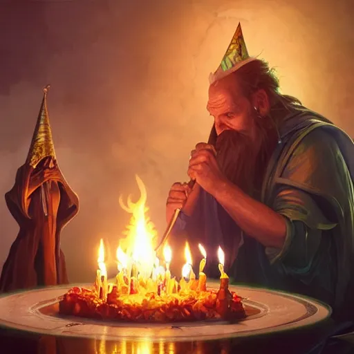 Prompt: a wizard blowing out his birthday candles, the flames on the candles look like tiny phoenix, art by artgerm and greg rutkowski and alphonse mucha, concept art, octane render, unreal engine 5, highly detailed, high quality, 8 k, soft lighting, realistic face, path traced