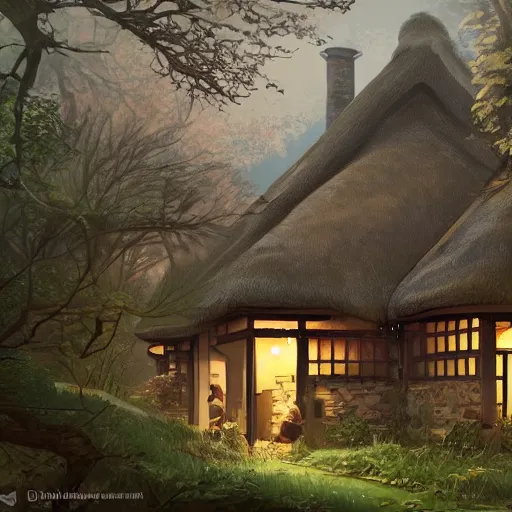 Image similar to concept art painting of an english european cottage with japanese architecture, in the woods, cozy, realistic, detailed, cel shaded, in the style of makoto shinkai and greg rutkowski and james gurney