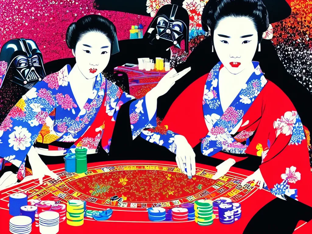 Image similar to hyperrealistic composition of the detailed woman in a japanese kimono sitting at a poker table with detailed darth vader, fireworks, mount fuji on the background, pop - art style, jacky tsai style, andy warhol style, acrylic on canvas