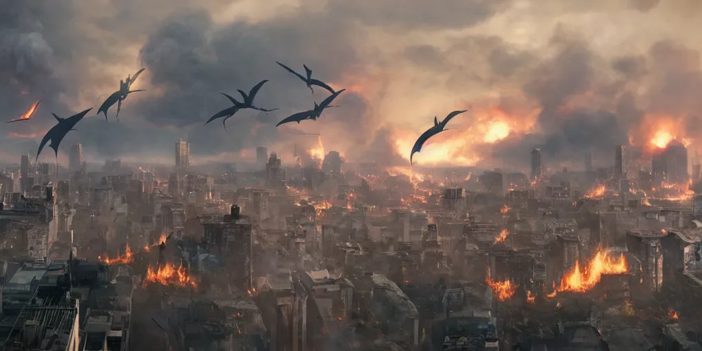 Prompt: movie frame still from live action horde of pteranodon attacking the city, fires, smoke plumes, 8 k ultra wide angle zenith view greg rutkowski kim jung gi