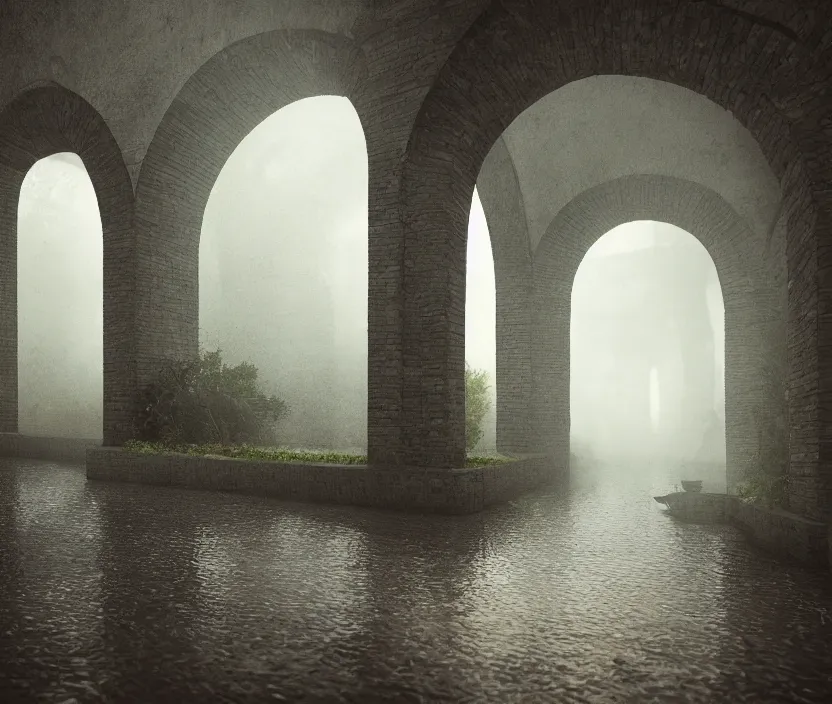 Prompt: tiled room squared waterway, aqueducts, gloomy and foggy atmosphere, octane render, artstation trending, horror scene, volumetric lighting, highly detailded