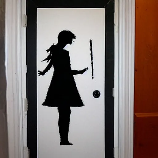 Image similar to creative restroom door signs in the style of banksy, slightly grainy