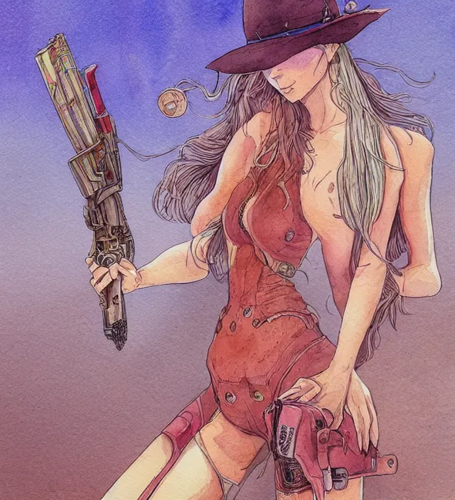 Prompt: a watercolor ink painting of bunnygirl gunslinger in the style of jean giraud in the style of moebius trending on artstation deviantart pinterest detailed realistic hd 8 k high resolution