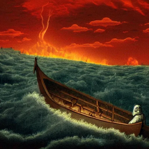 Image similar to a small boat traveling down the river styx in a hellish landscape, in the red river are ghostly souls, the great day of his wrath