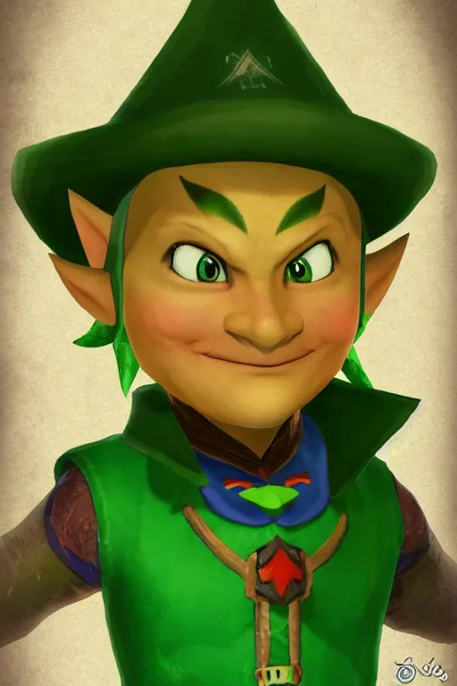 Prompt: an in game portrait of tingle from the legend of zelda breath of the wild, breath of the wild art style.