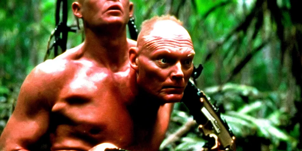 Prompt: a film still of Bill burr in Predator, high quality