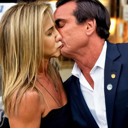 Prompt: photo of Jair Bolsonaro kissing Jennifer Aniston, realistic