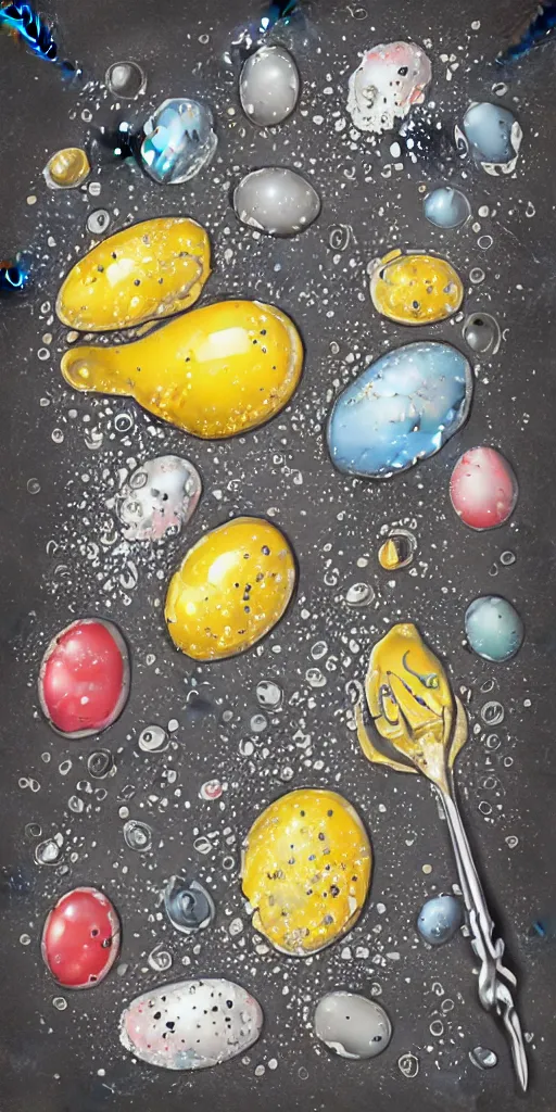 Image similar to high detailed drawing broken eggs, with arms. knife, splatters micro droplets, disney style