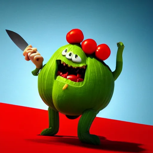 Image similar to detailed 3 d render of an angry zucchini character chasing a tomato figure with a knife in hand, hyper realistic octane render, dramatic scene, nightmare, surrealism, pixar, disney, cartoon