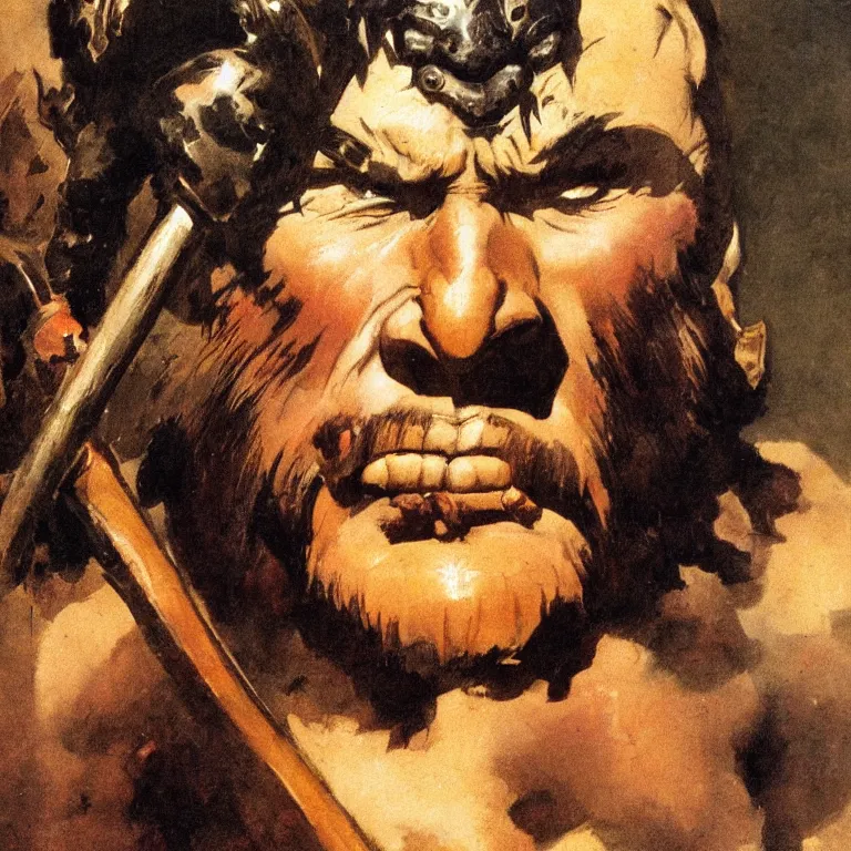 Image similar to closeup portrait of a barbarian by frank frazetta, head facing directly front on