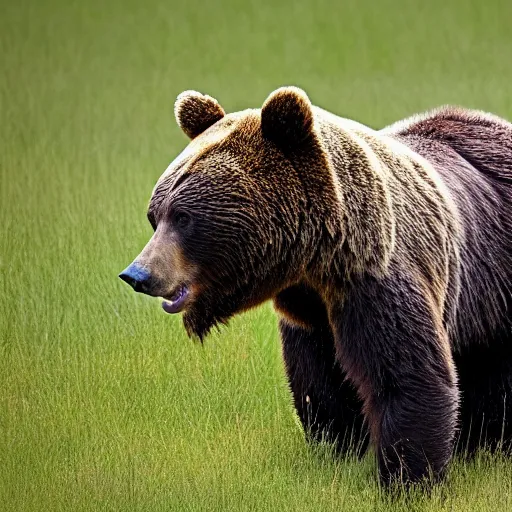 Prompt: a photo of a bear in a field. Jerome Powell is sitting on top of the bear.