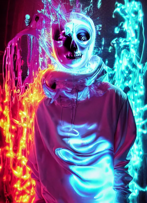 Image similar to photo of fullbodied baroque and bladerunner neon drippy tar sculpture of seductive ceramic albino ceramic prince anwar hadid dotado lavendar iridescent humanoid deity wearing orange plastic fluffy hoody holding diamond skull in a blue alien dungeon, reclining, glowing rainbow face, crown of white diamonds, cinematic lighting, photorealistic, octane render 8 k depth of field 3 d