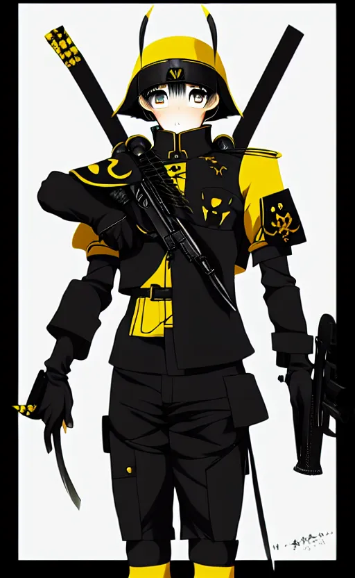 Image similar to anime portrait of a vicious helldiver scout soldier, black armor with yellow accents, ilya kuvshinov, anime, pixiv top monthly, trending on artstation, cinematic, danbooru, zerochan art, kyoto animation