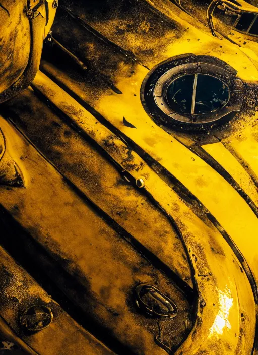 Image similar to a photorealistic dramatic hyperrealistic underwater render of an deep sea submersible, ultra realistic details, glossy yellow, well worn, rust, oil stains by vitaly bulgarov and mike nash, beautiful dramatic dark moody tones and lighting, cinematic atmosphere, global illumination, shadows, dark background, octane render, 8 k