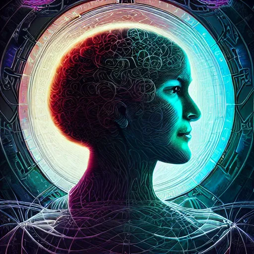 Prompt: beautiful portrait of intelligence of science, spatial space deformation in latent space, math art, astral plane, by artgerm and dan mumford and gustave dore