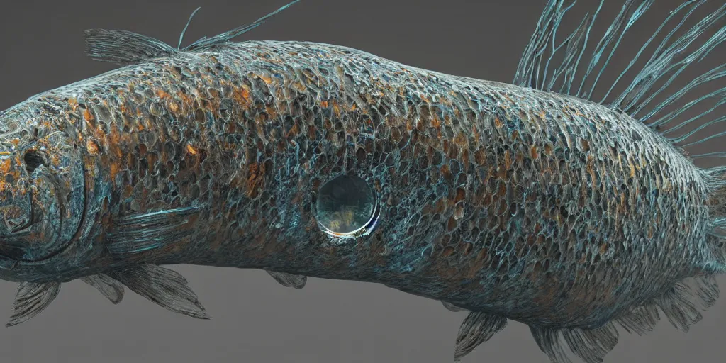 Image similar to goldfish, stylized layered textures, long flowing fins, bioluminescent orbs, 3 d render, substance painter, glowing eye, smooth, sharp focus, art by h r giger