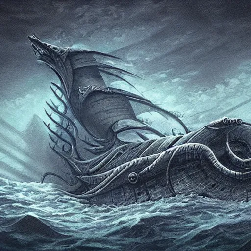 Prompt: a sea monster shape like a ship, deep dark sea, thalassophobia, realistic, highly detailed