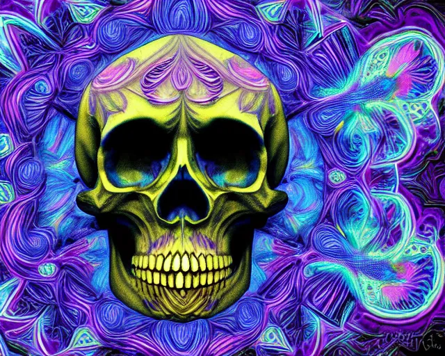 Prompt: skull fractals, digital art, psychedelic skulls