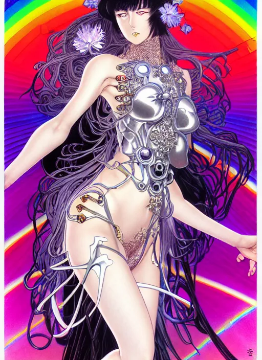 Image similar to highly detailed hajime sorayama terada katsuya artstation manga poster of witch mechine, rainbow gradient reflection bloom, long hair, armor, dress, laces, ruffles, 8 k, maximalist, ayami kojima, alphonse mucha