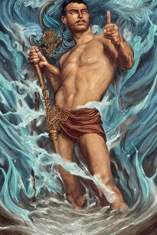 Prompt: a dramatic, epic, ethereal tarot painting of a handsome!! brown shirtless cowboy! | background is a torrential flooding river | tarot card, art deco, art nouveau | by Mark Maggiori | trending on artstation