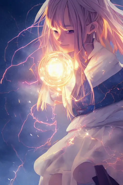 Prompt: a cute wizard girl conjuring a lightening ball, character art portrait, anime key visual, official media, illustrated by wlop, extremely detailed, 8 k, trending on artstation, cinematic lighting, beautiful,