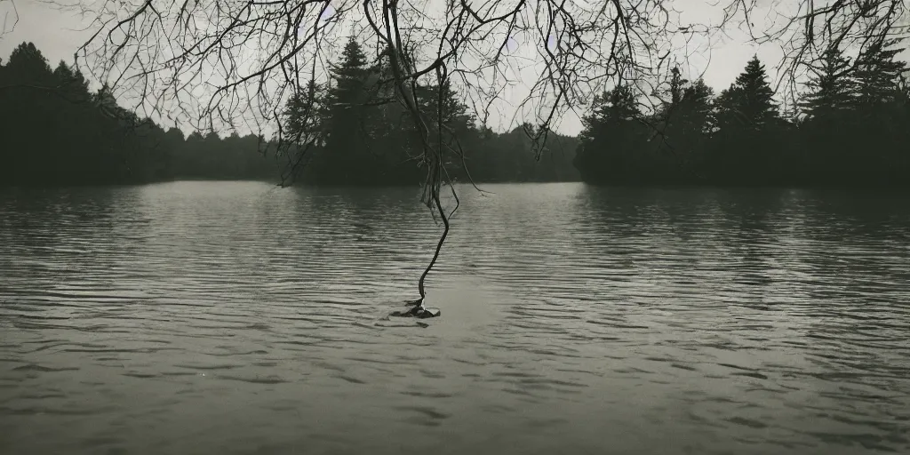 Image similar to symmetrical photograph of an long rope floating on the surface of the water, the rope is snaking from the foreground towards the center of the lake, a dark lake on a cloudy day, trees in the background, moody scene, dreamy kodak color stock, anamorphic lens