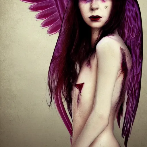 Image similar to the pale decaying beautiful girl with the most evil glowing wings