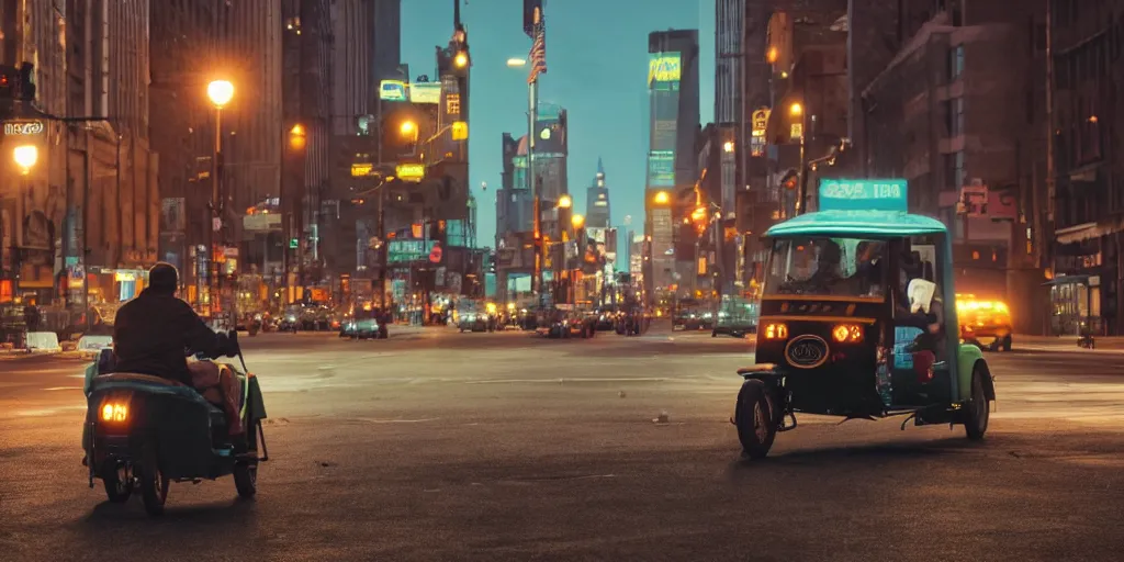 Image similar to a tuk tuk walking through a desolate manhattan city street at night statue of liberty seen in the background realistic 4 k octane beautiful