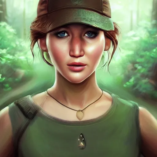 Prompt: a portrait of jennifer lawrence as a pokemon trainer, beautiful, in a dark forest, extremely detailed digital art, trending on artstation hyper realistic matte painting, pixar, by wlop, art germ