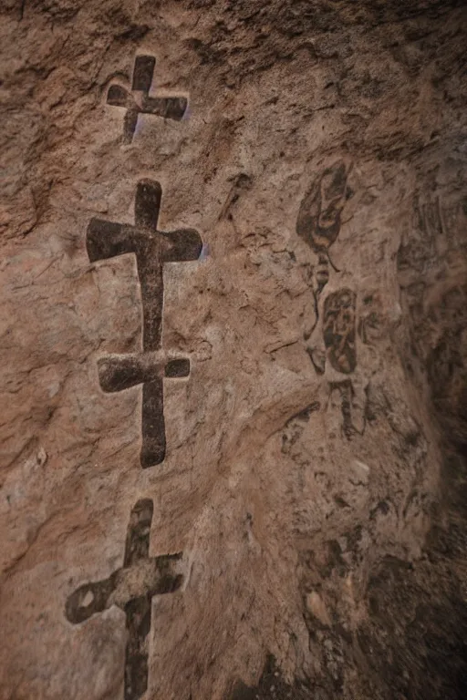 Image similar to 4 k photography of petroglyphs representing crosses, ufo, wifi symbol on a cave