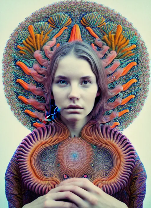 Prompt: ridiculously beautiful young woman thinking, psychedelics, nature, coral, birds, symmetrical, in the style of ernst haeckel, effervescent, sacred geometry, warm, surrealism, photo realistic, epic and cinematic,