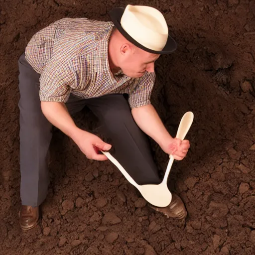 Prompt: slappy the dummy digging into the floor with a spoon